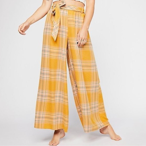 Free People Good Or Plaid Wide Leg Pants in Mustard Size Small - Picture 5 of 14